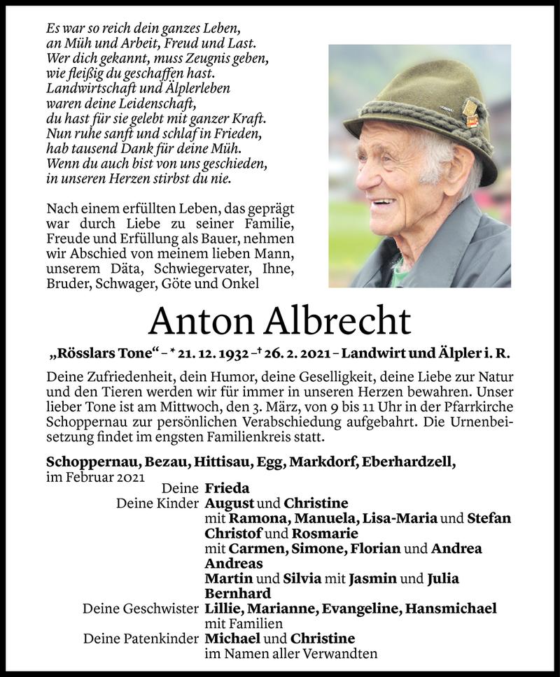  Todesanzeige für Anton Albrecht vom 28.02.2021 aus Vorarlberger Nachrichten
