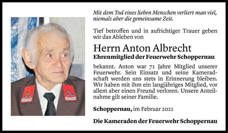  Todesanzeige für Anton Albrecht vom 28.02.2021 aus Vorarlberger Nachrichten