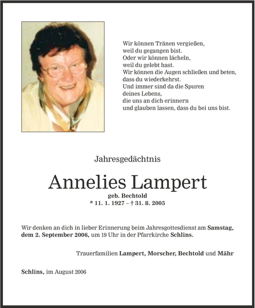 Todesanzeigen Von Annelies Lampert Todesanzeigen Vorarlberger Nachrichten