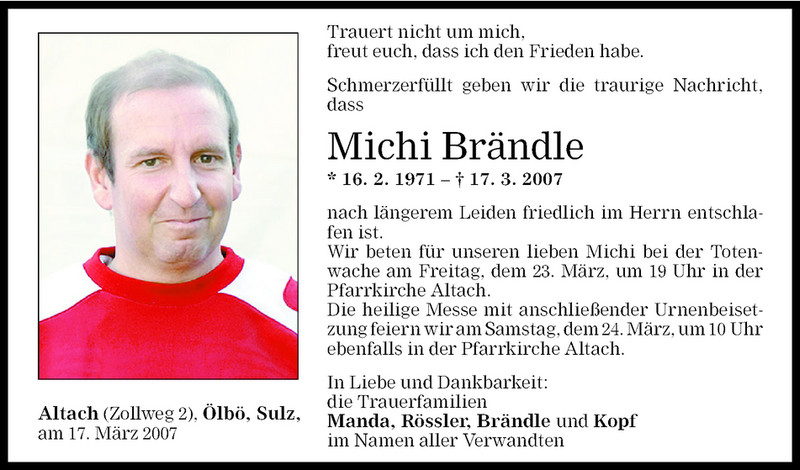  Todesanzeige für Michi Brändle vom 22.03.2007 aus Vorarlberger Nachrichten