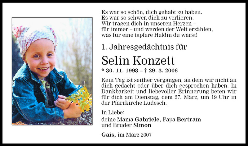  Todesanzeige für Selin Konzett vom 24.03.2007 aus Vorarlberger Nachrichten
