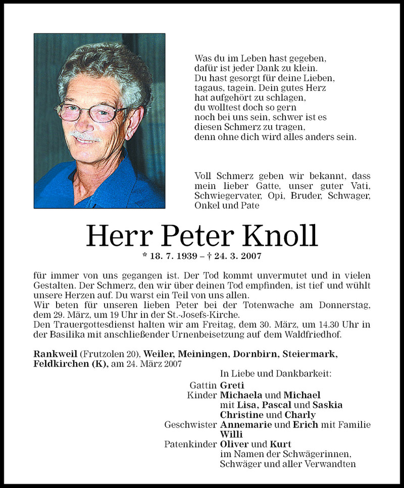  Todesanzeige für Peter Knoll vom 28.03.2007 aus Vorarlberger Nachrichten