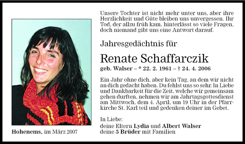 Todesanzeige für Renate Schaffarczik vom 31.03.2007 aus Vorarlberger Nachrichten