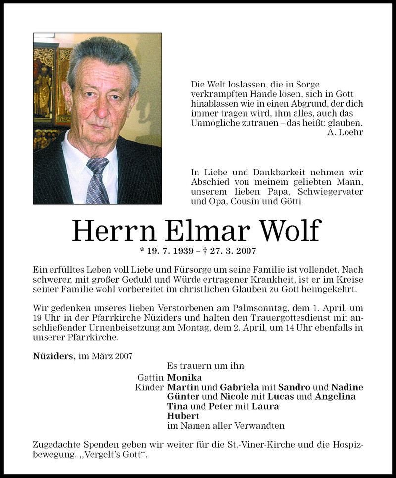  Todesanzeige für Elmar Wolf vom 31.03.2007 aus Vorarlberger Nachrichten