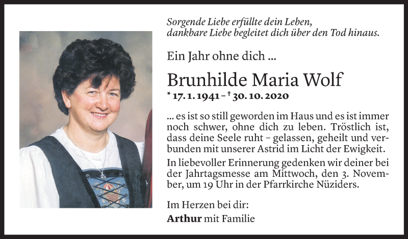  Todesanzeige für Brunhilde Maria Wolf vom 29.10.2021 aus Vorarlberger Nachrichten