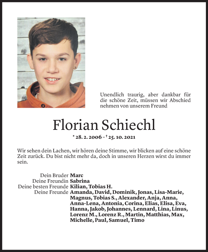  Todesanzeige für Florian Schiechl vom 30.10.2021 aus Vorarlberger Nachrichten
