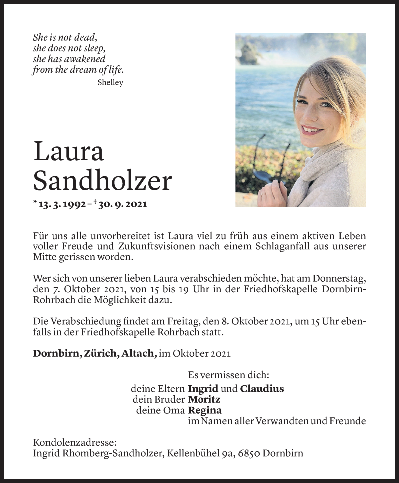  Todesanzeige für Laura Sandholzer vom 05.10.2021 aus Vorarlberger Nachrichten