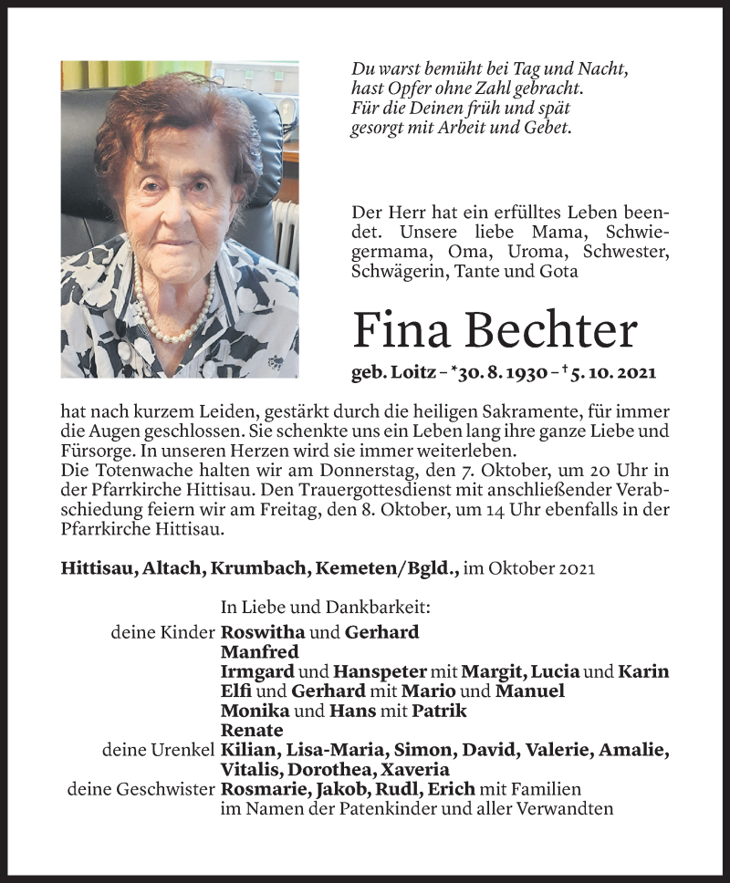  Todesanzeige für Fina Bechter vom 05.10.2021 aus Vorarlberger Nachrichten