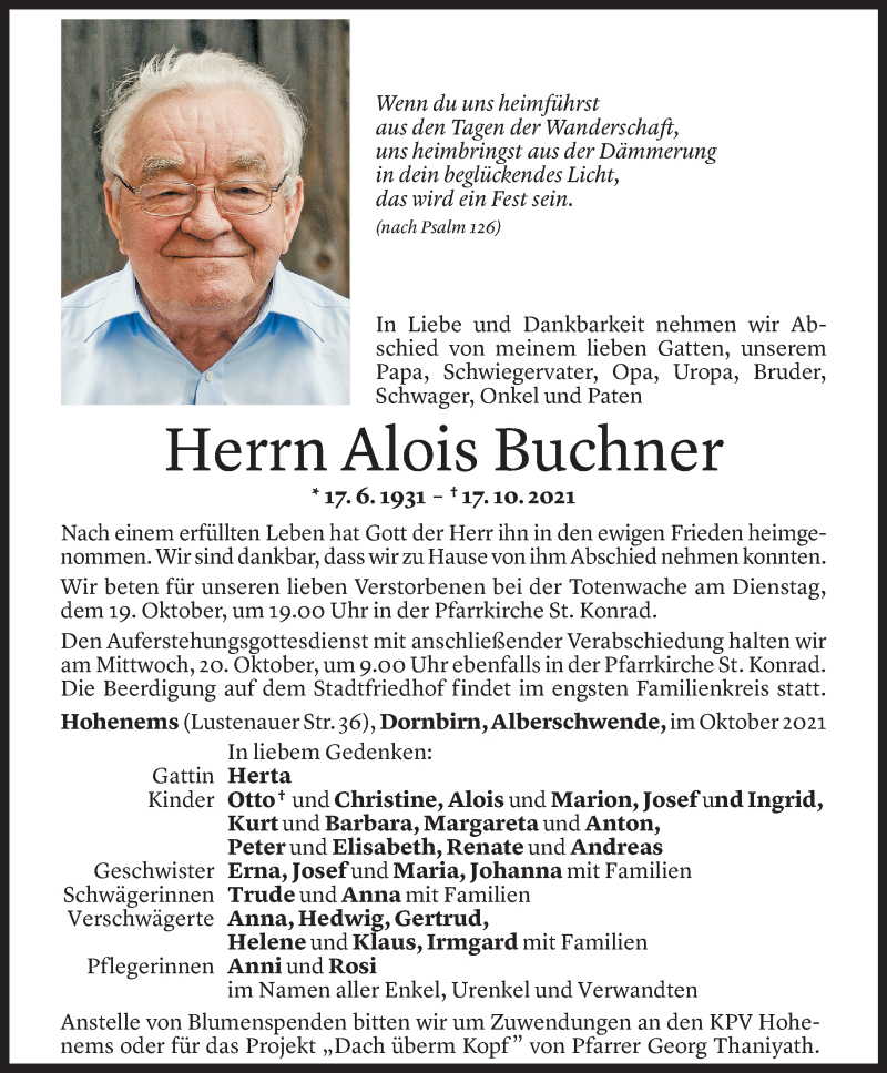  Todesanzeige für Alois Buchner vom 18.10.2021 aus Vorarlberger Nachrichten