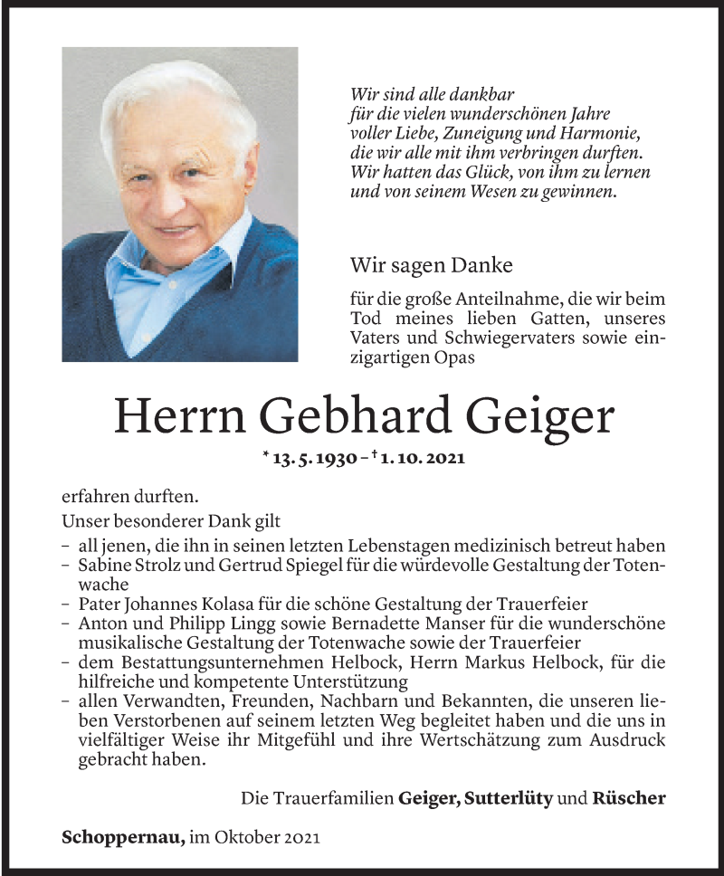  Todesanzeige für Gebhard Geiger vom 27.10.2021 aus Vorarlberger Nachrichten