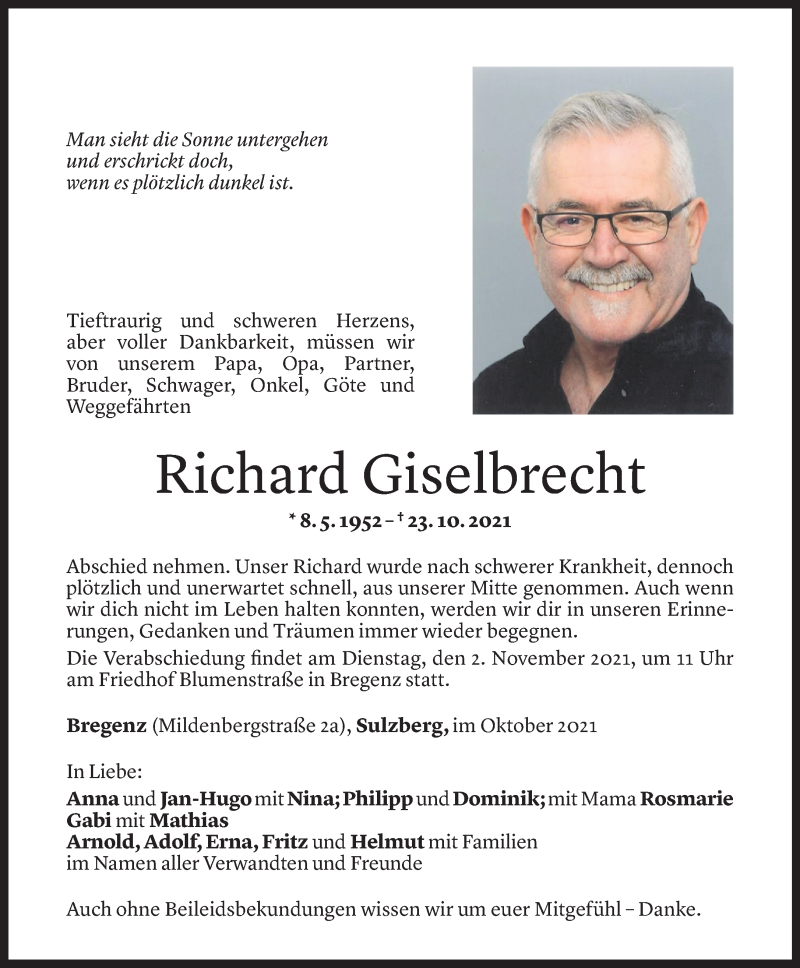  Todesanzeige für Richard Giselbrecht vom 29.10.2021 aus Vorarlberger Nachrichten
