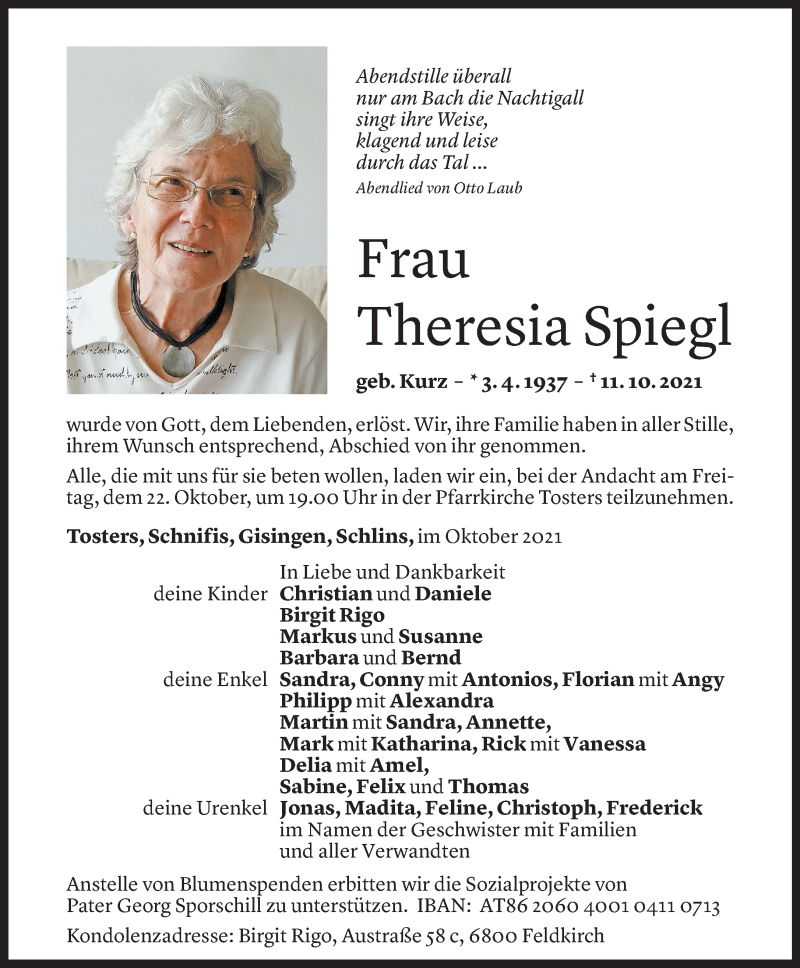  Todesanzeige für Theresia Spiegl vom 19.10.2021 aus Vorarlberger Nachrichten