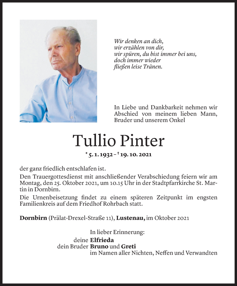  Todesanzeige für Tullio Pinter vom 22.10.2021 aus Vorarlberger Nachrichten