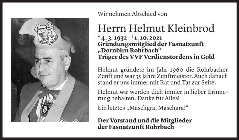  Todesanzeige für Helmut Kleinbrod vom 06.10.2021 aus Vorarlberger Nachrichten
