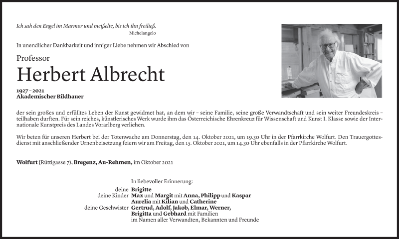  Todesanzeige für Herbert Albrecht vom 12.10.2021 aus Vorarlberger Nachrichten