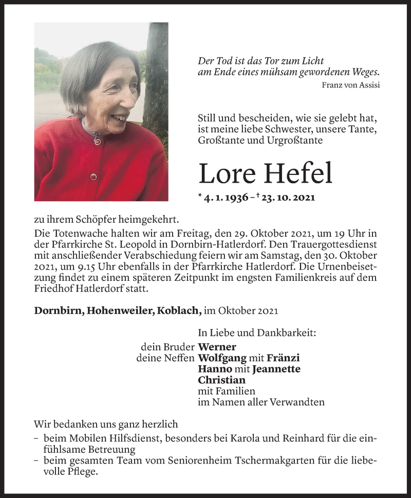  Todesanzeige für Lore Hefel vom 26.10.2021 aus Vorarlberger Nachrichten