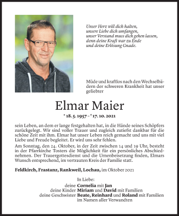 Todesanzeige von Elmar Maier von Vorarlberger Nachrichten