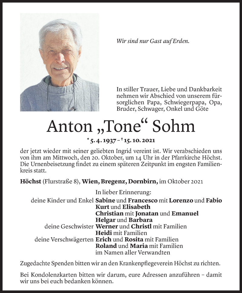  Todesanzeige für Anton Sohm vom 18.10.2021 aus Vorarlberger Nachrichten