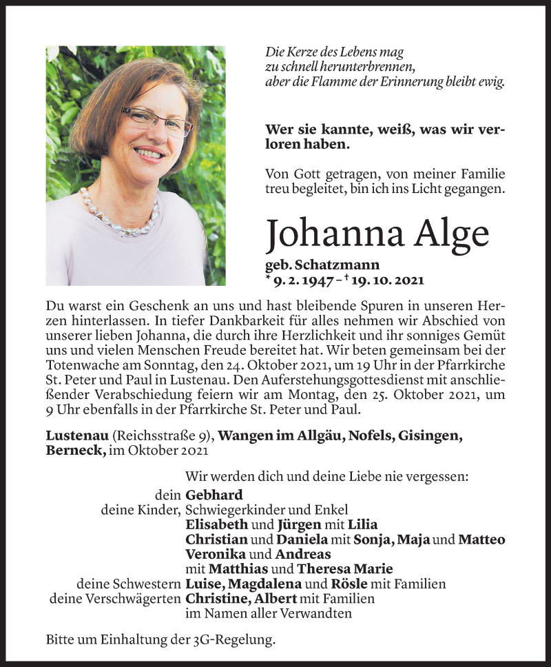 Todesanzeige für Johanna Alge vom 21.10.2021 aus Vorarlberger Nachrichten