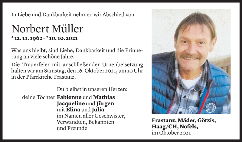  Todesanzeige für Norbert Müller vom 12.10.2021 aus Vorarlberger Nachrichten
