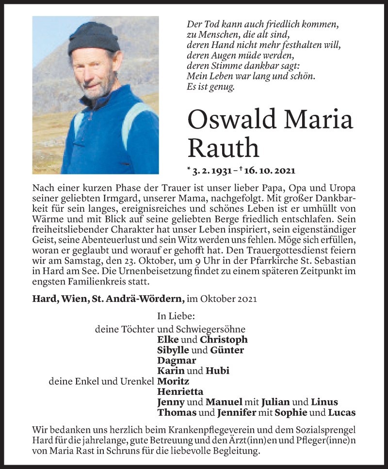  Todesanzeige für Oswald Maria Rauth vom 20.10.2021 aus Vorarlberger Nachrichten