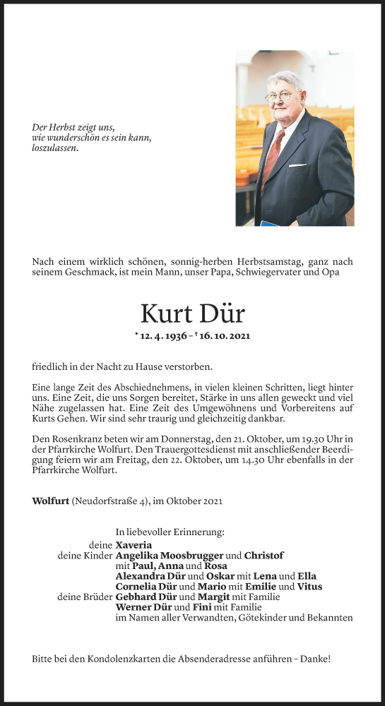  Todesanzeige für Kurt Dür vom 18.10.2021 aus Vorarlberger Nachrichten
