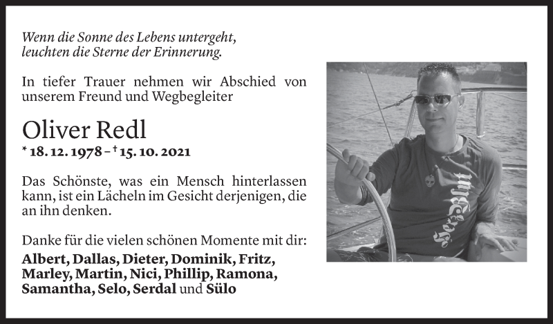  Todesanzeige für Oliver Redl vom 22.10.2021 aus Vorarlberger Nachrichten