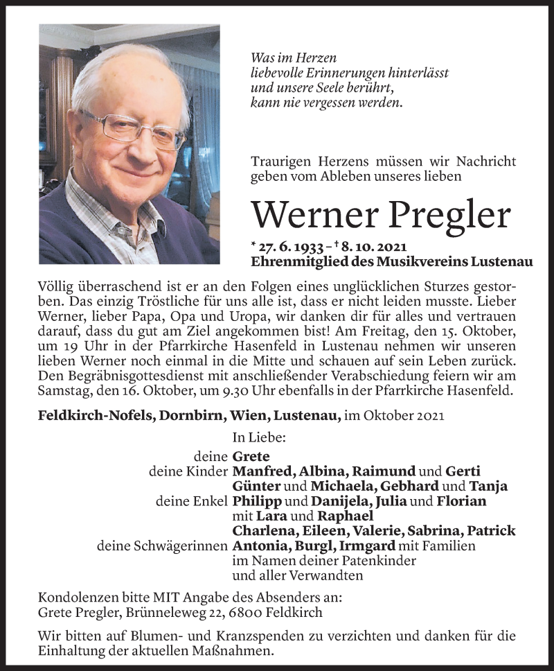  Todesanzeige für Werner Pregler vom 14.10.2021 aus Vorarlberger Nachrichten