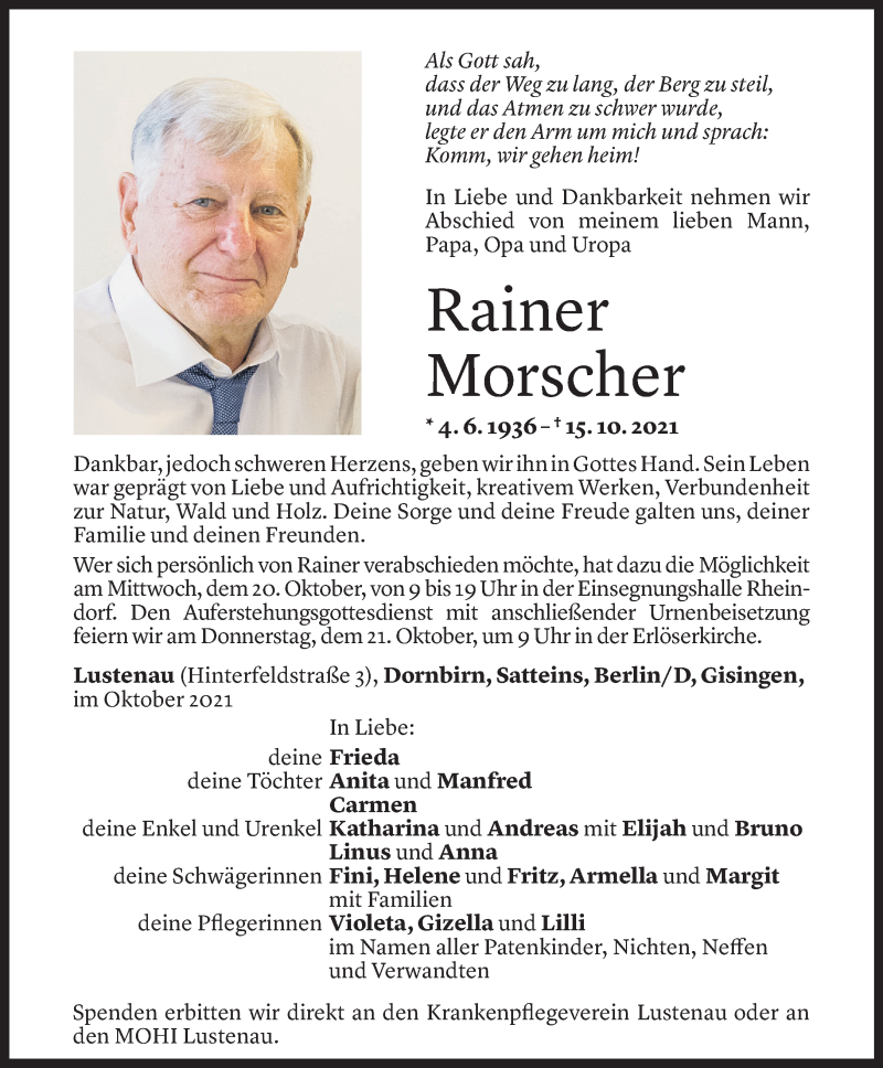 Todesanzeige für Rainer Morscher vom 18.10.2021 aus Vorarlberger Nachrichten