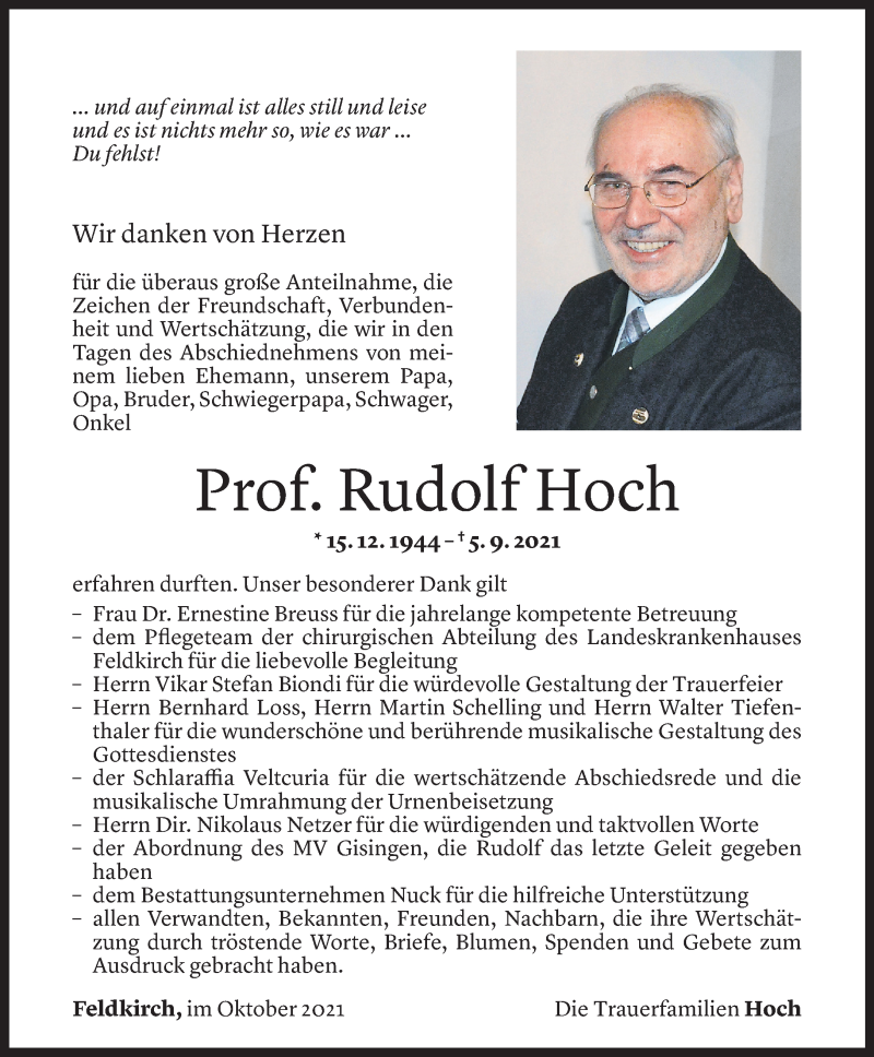  Todesanzeige für Rudolf Hoch vom 08.10.2021 aus Vorarlberger Nachrichten