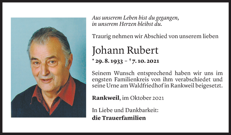  Todesanzeige für Johann Rubert vom 16.10.2021 aus Vorarlberger Nachrichten