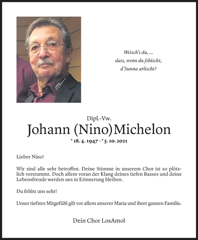  Todesanzeige für Johann Michelon vom 08.10.2021 aus Vorarlberger Nachrichten