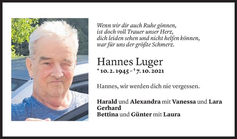  Todesanzeige für Hannes Luger vom 13.10.2021 aus Vorarlberger Nachrichten