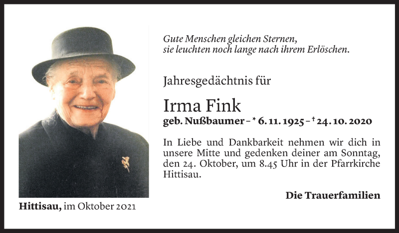  Todesanzeige für Irma Fink vom 22.10.2021 aus Vorarlberger Nachrichten