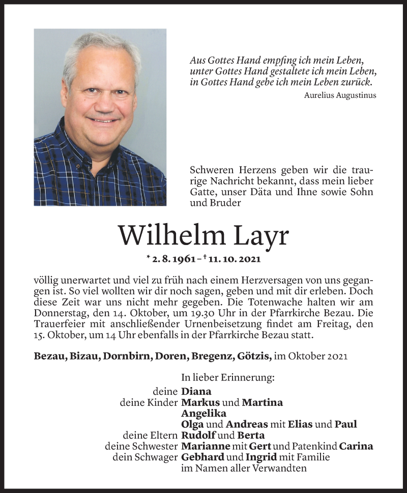  Todesanzeige für Wilhelm Layr vom 12.10.2021 aus Vorarlberger Nachrichten