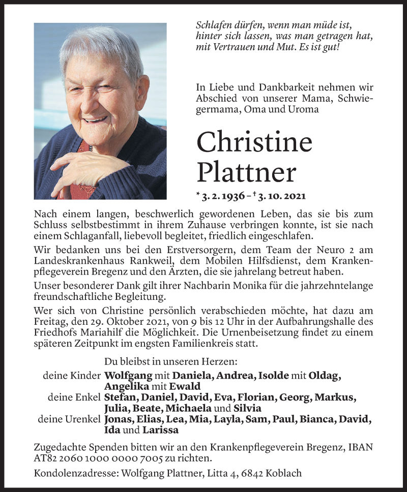  Todesanzeige für Christine Plattner vom 06.10.2021 aus Vorarlberger Nachrichten