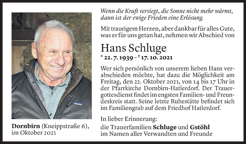  Todesanzeige für Hans Schluge vom 20.10.2021 aus Vorarlberger Nachrichten