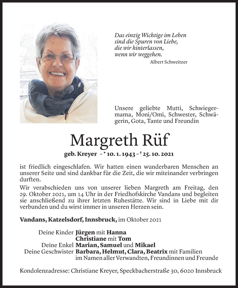  Todesanzeige für Margreth Rüf vom 26.10.2021 aus Vorarlberger Nachrichten