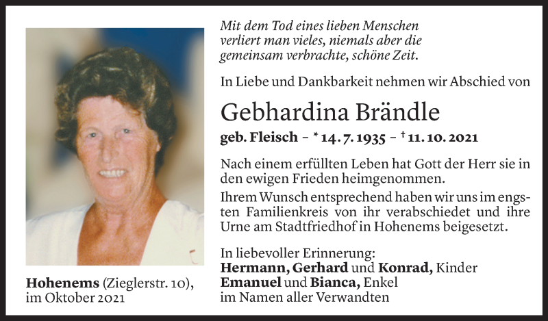  Todesanzeige für Gebhardina Brändle vom 15.10.2021 aus Vorarlberger Nachrichten