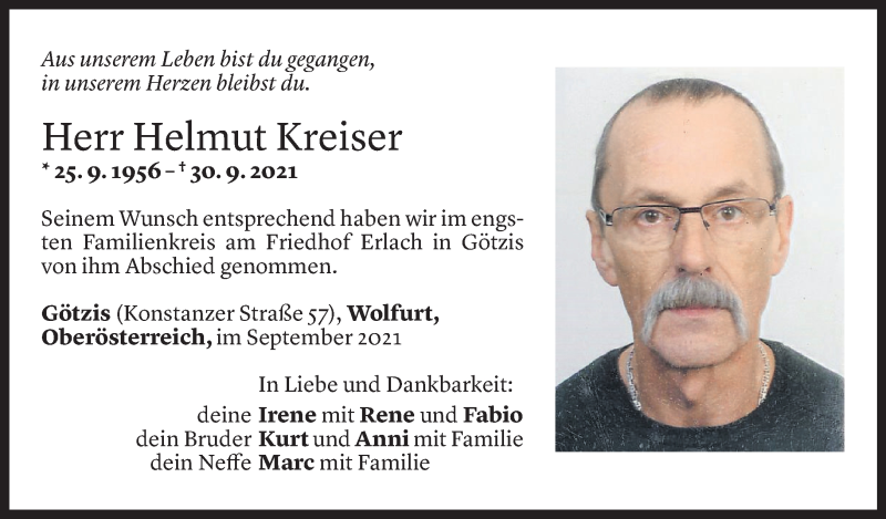  Todesanzeige für Helmut Kreiser vom 09.10.2021 aus Vorarlberger Nachrichten