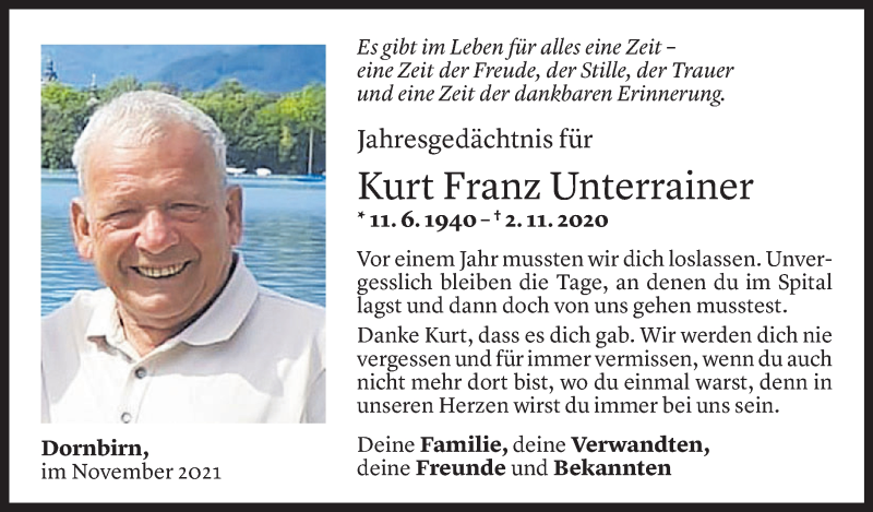  Todesanzeige für Kurt Unterrainer vom 01.11.2021 aus Vorarlberger Nachrichten