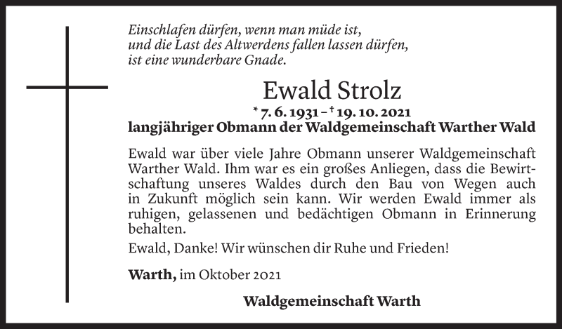  Todesanzeige für Ewald Strolz vom 20.10.2021 aus Vorarlberger Nachrichten