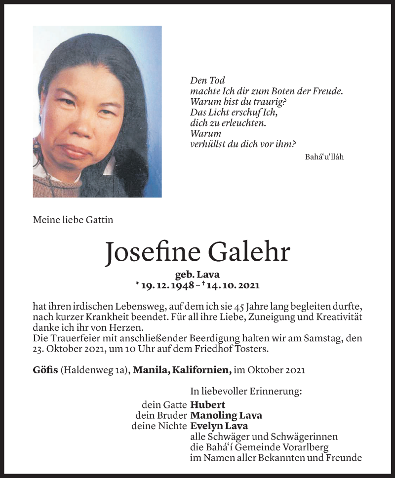  Todesanzeige für Josefine Galehr vom 20.10.2021 aus Vorarlberger Nachrichten
