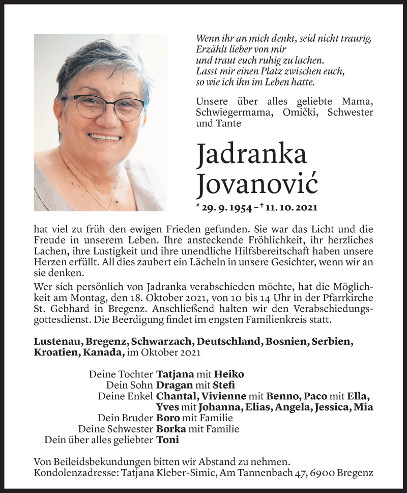  Todesanzeige für Jadranka Jovanovic vom 14.10.2021 aus Vorarlberger Nachrichten