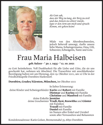 Todesanzeige von Maria Halbeisen von Vorarlberger Nachrichten