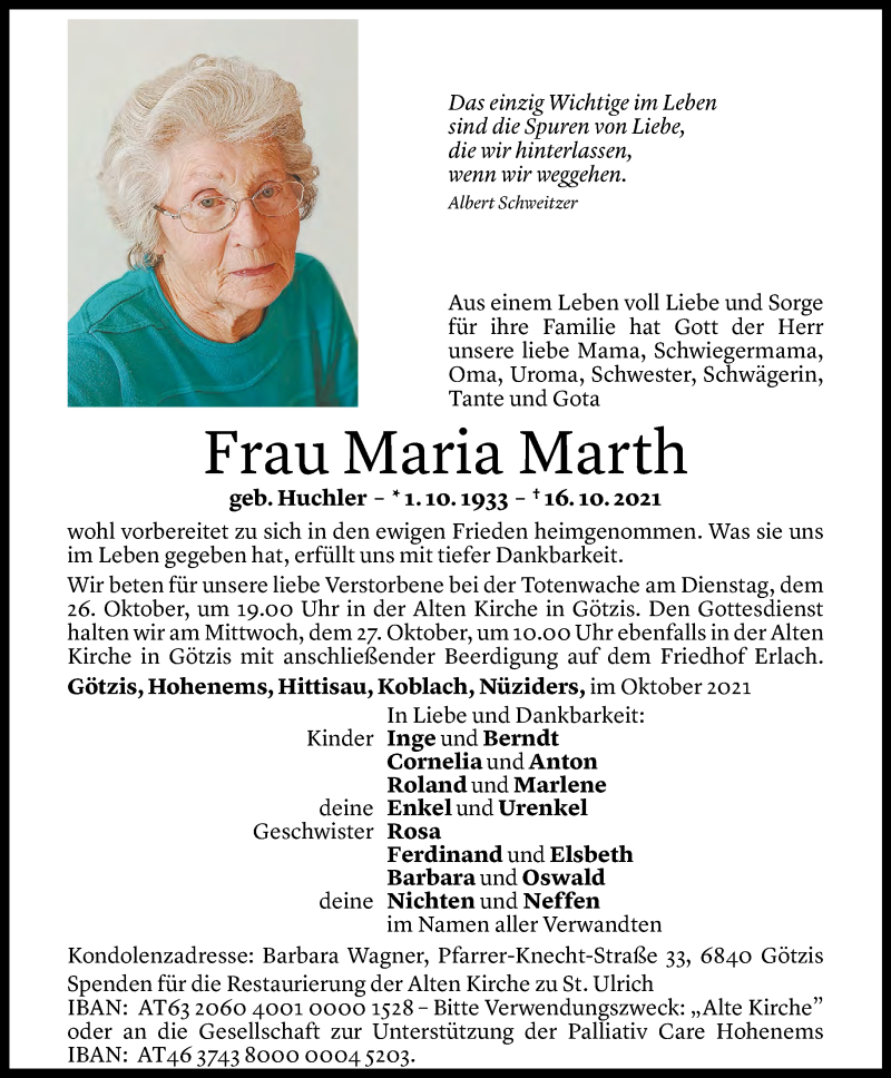  Todesanzeige für Maria Marth vom 23.10.2021 aus Vorarlberger Nachrichten
