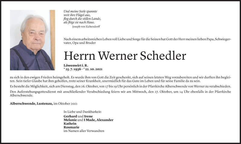  Todesanzeige für Werner Schedler vom 24.10.2021 aus Vorarlberger Nachrichten
