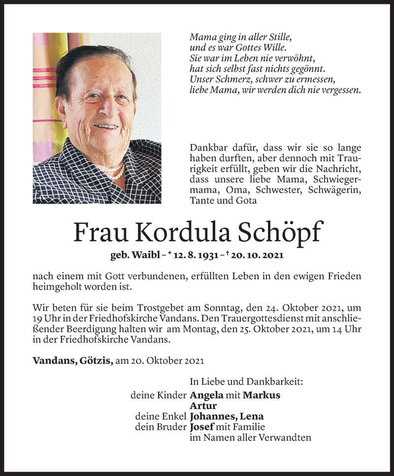  Todesanzeige für Kordula Schöpf vom 22.10.2021 aus Vorarlberger Nachrichten
