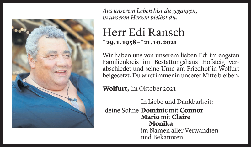  Todesanzeige für Edi Ransch vom 02.11.2021 aus Vorarlberger Nachrichten