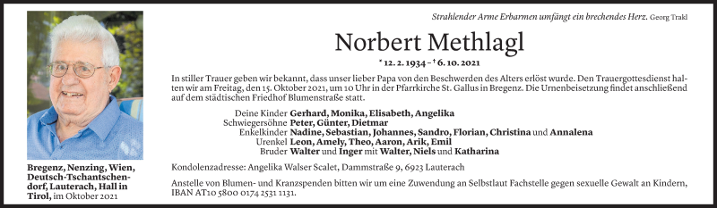  Todesanzeige für Norbert Methlagl vom 11.10.2021 aus Vorarlberger Nachrichten